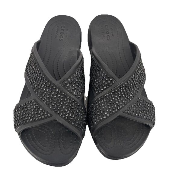 Crocs Sloane Women's 11 Slide Shoes Black Embellished Cross-Strap Slip-On Sandal - Picture 1 of 9